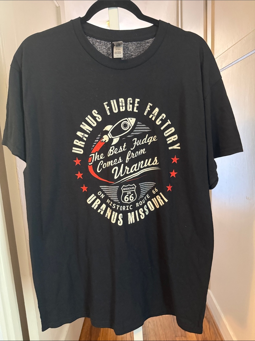 Uranus Fudge Factory Black Graphic Tee with Cream and Red Print